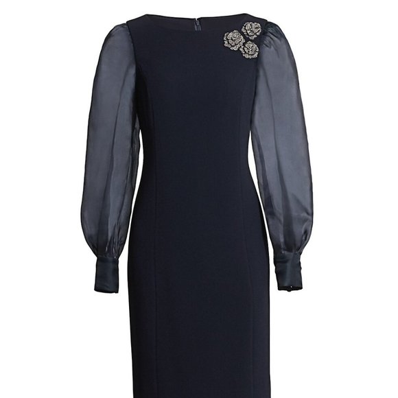 Floral Broach Silk Organza Puff-Sleeve Sheath Dress - Picture 1 of 9
